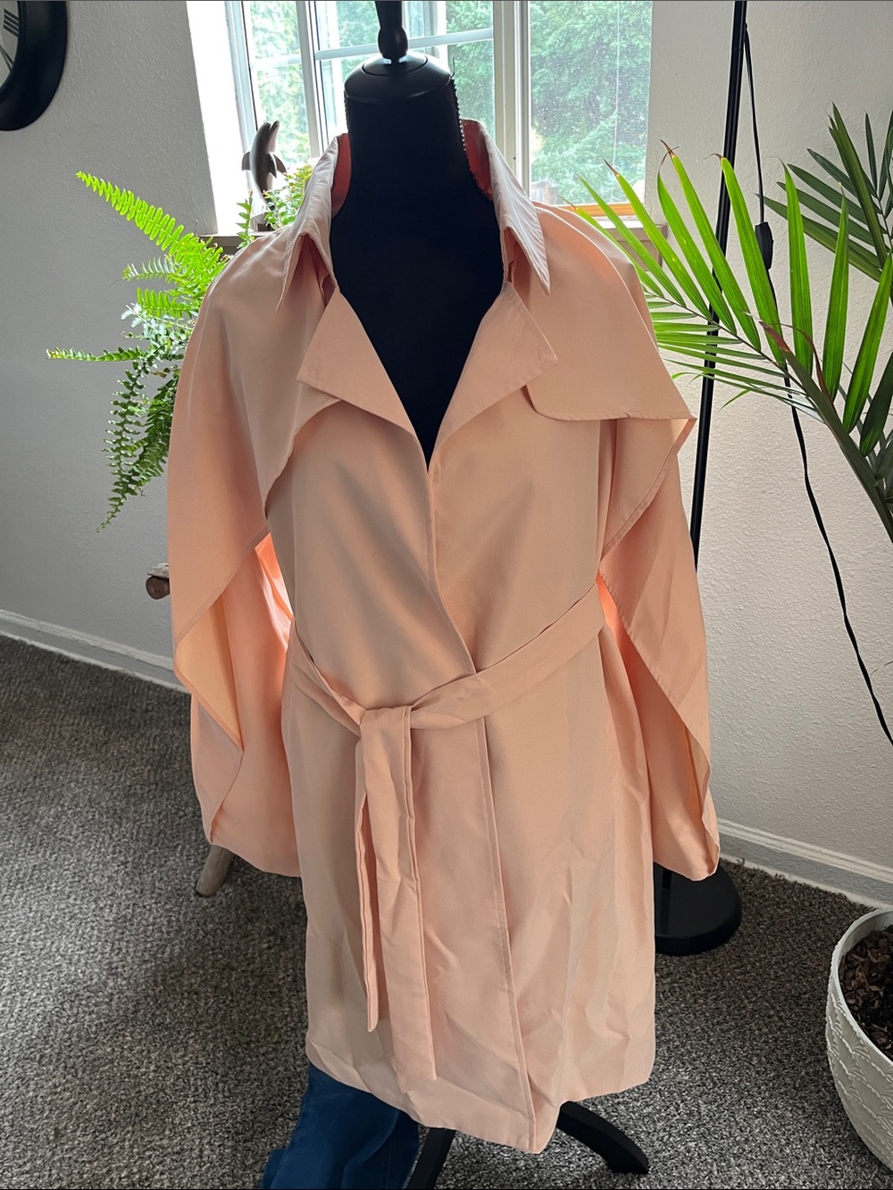 Women's Light Peach Trench Coat with Waist Tie
